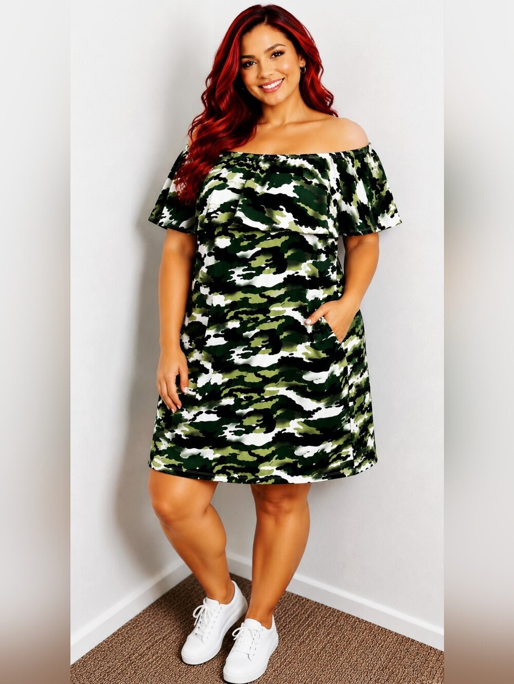 Absolutely ❤️ it!! Green Black & White Camouflage Dress Ruffle Neckline 2X NWT